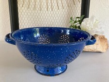525⚜️ Déco Ancienne Passoire en Tôle Émaillée Bleue Égouttoir Diamètre 24 Cm