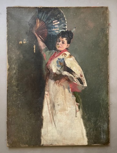 Femme éventail huile - à, l'éventail,
