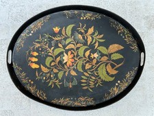 Plateau Oval XIXème tôle peinte à la main, papillon & bouquet, Napoléon III