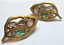 Ancienne Boucles D’oreille clips couleur or émaux cristaux rare bijou vintage 9A