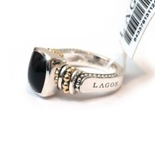 LAGOS Neuf Argent & 18K or Jaune Caviar Couleur Onyx Noir 10x8mm Taille Bague 5