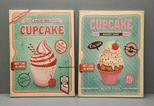 Déco cuisine : 2 tableaux vintage toile imprimée  " Cupcake Bakery Shop "  80's