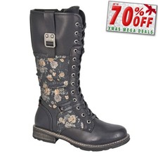 Cipriata Abela Femmes Bottes Cuissarde à Lacet Mémoire Mousse Bottes Floral Noir
