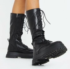 BOTTES CHUNKY MOLLET NOIR À LACETS 8 PLT FESTIVAL EMO GOTH GRUNGE MOTARD COMBAT NEUVES DANS LEUR BOÎTE