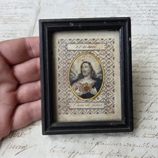 Image Pieuse XVIIIè Encadrée Coeur Sacré De Jésus Rehaussé A L'Aquarelle 18thC