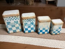 serie de quatre boîtes anciennes à épice damiers bleus et blancs