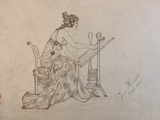 Très beau Dessin à la main encre Métier A Tisser Ouvrage Pénélope 1898 XIXe