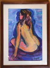 tableau de Gérard Fagard (1938-2021): nu féminin de dos sur fond bleu