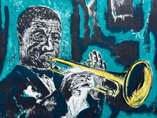 Ancienne lithographie Musique trio Jazz 1960 tony Agostini Louis Armstong