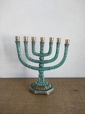 Chandelier / Menorah À 7 Branches en Laiton Et Bleu - Vintage
