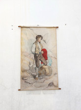 ETENDARD « BERGER DES PYRENEES » UNIQUE crayon aquarelle 130x74 CM Basque Bearn 