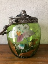 ❤️TRES BEAU ANCIEN SEAU A BISCUITS VERRE ÉMAILLÉ décor floral  Legras Monjoy