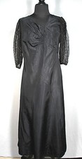 Rare Français Vintage 1920'S -1930'S Noir Rayon Taffetas Lacets Manche Robe De 6