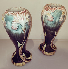 Fives Lille Paire vases faience Art Nouveau Iris signé Gustave De Bruyn French 