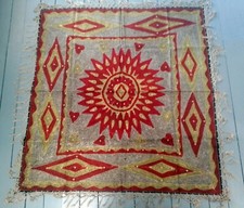 Ancien tapis frangé de table en soie début XXe siècle - Tissus anciens