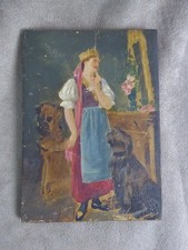 AQUARELLE sur bois, ancienne: LA DAME AU CHIEN.