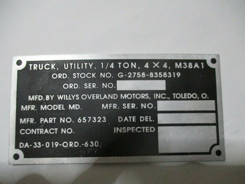 Plaque identification jeep m - d'identification,