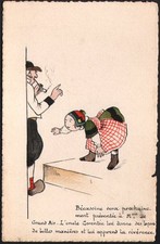 Carte peinte. Bécassine et l'Oncle Corentin. Aquarelle. Vers 1910