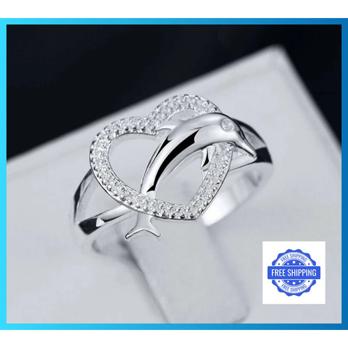 Bague cœur dauphin - en, argent