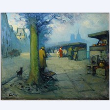 FORTUNEY Louis (1875-1951) "Les Bouquinistes "  Huile/Carton signée