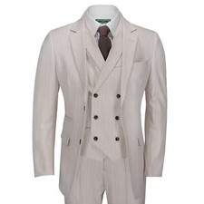 Hommes Crème 3 Pièce Costume Or Pinstripe Smart Habillé Coupe Ajustée Mariage