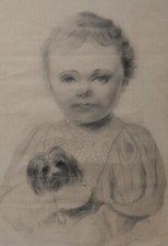Dessin Original Ancien Portrait Fillette au chien signé