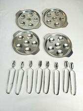 Vintage Tournus ESCARGOT Aluminum 6" Plates & Tongs Set of 8 Made in UNIS FRANCE