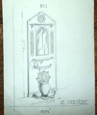 3 Dessins début 20è de porte manteau, portique, meuble d'entrée - 32 x 23cm