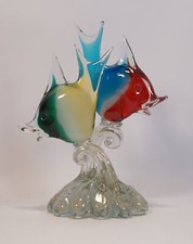 Vintage Original Murano Verre D'Art Sculpture Paire Multicolore Poisson À Culot