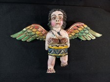 Angelot Joueur Tambour Musicien Sculpture Bois fin XIXe Espagne ? Vintage Deco