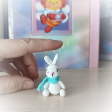 Miniature bunny crochet. White rabbit amigurumi. Micro bunny.