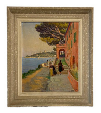 Ancien Tableau HSP Riviera Bord de Mer Méditeranée Villa Animée - 1950's