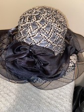 Really Fancy Light & Airy Hat Black Beige Ruffles/ Silver & Bronze Foil Threads