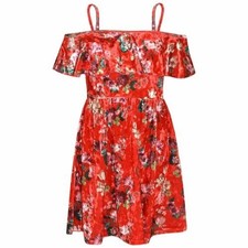 Robe Patineuse Fille Fleurs Rouge Été Fête Sans Épaules 7-13 Ans