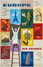 Original Travel Poster, Carlu, Air France Europe, Eiffel Tower England Deer 1957
