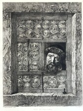Hoogstraten gravure eau forte etching portrait homme fenetre porte bois sculptee