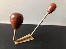 Vintage 1960 Ancienne Patère Porte Manteau Bois Teck Laiton Scandinave Design Or