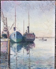 Tableau Ancien Huile Marine Port Bateaux Grue Post Impressionniste Signé