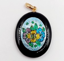Pendentif vintage or rose 18k onyx et plaque émaillée fleurie