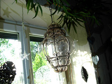 Grande lanterne vénitienne lampe ancienne verre soufflé fumé sur fer forgé