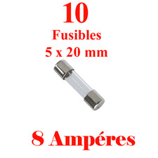 10 Fusibles Verre 5 X 20 mm Puissance 8 Ampéres