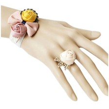 Bracelet femme + bague velours Blanc noeud satin vieux rose jaune crème mariage