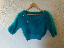 Pull tricoté main bleu coton En Poil De Lapin Angora