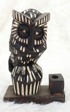 Wooden Owl Figurine Pen / Incense Holder 5.5" Tall Brown White Wood Carving