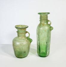 ⚜️ Paire De Vases En Verre Soufflé Finition Sculptée Vieillie Vert Olive Époque