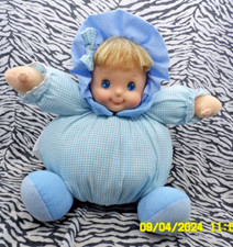 P14/DOUDOU PELUCHE  VINTAGE POUPEE BOULE CHIFFON VICHY BLEU VISAGE VINYL 27CM BE