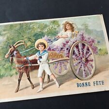 Carte Ancienne Gaufrée Attelage Chèvre Charriot Fleuri 1910 CPA Goat Post Card