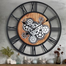 Horloge Murale Engrenages Mobiles Geante 57cm, Industrielle Bois Vintage Pend...