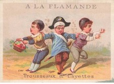CHROMO #MK40737 A LA FLAMANDE TROIS ENFANTS CHAPEAU GENDARME PANIER DE FRUIT