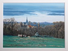 Gouache paysage village Sarthe